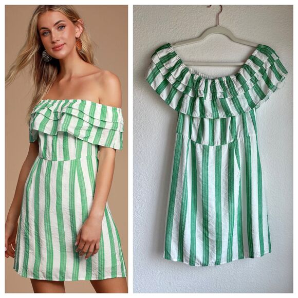 Lulus Dresses & Skirts - NWT Lulus Persephone White & Green Striped Off the Shoulder Ruffle Dress Size S
